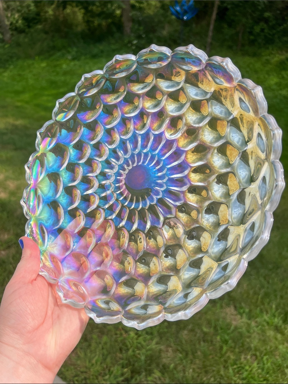 Vintage Iridescent Carnival Glass Serving Tray Round Cake Plate